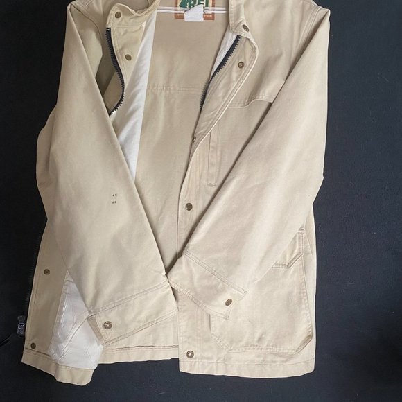 Vtg REI Co op beige utility cargo jacket/coat mens XL (packed hood) heavy canvas - Picture 10 of 16